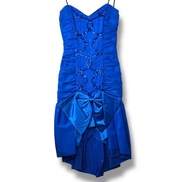 Roberta Dresses & Skirts - Vintage Roberta California Blue Sequin Lace Bow Bodycon Midi Dress Size 3/4